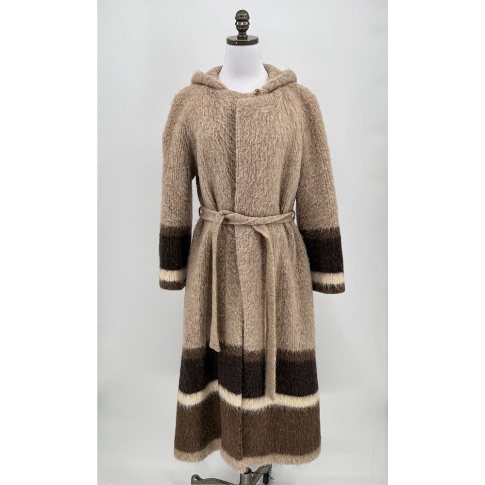Vintage 70s Womens Hilda Ltd Icelandic Wool Beige Brown Belted Button Coat Sz L